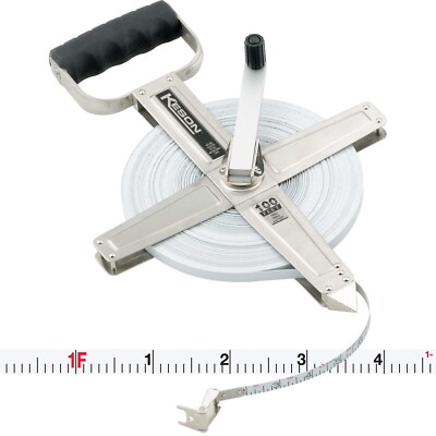 100 FT, UNITS: 1/10, 1/100, 2X NYLON COATED STEEL TAPE W/DEAD FOOT AND RING STAINLESS STEEL HOUSING