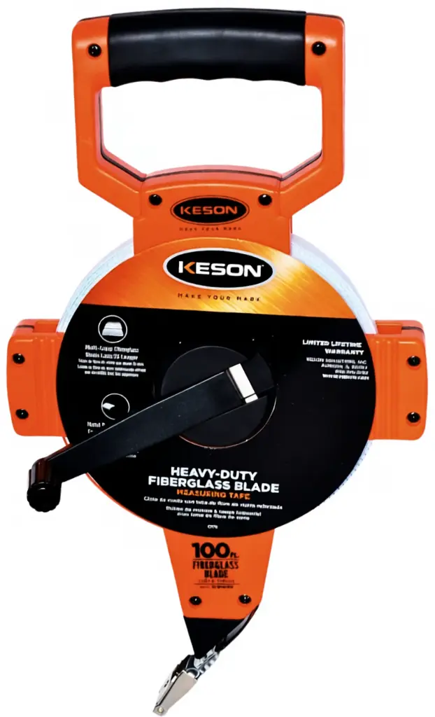 100 FT, UNITS: 1/10, 1/100, FIBERGLASS TAPE MEASURE WITH HOOK