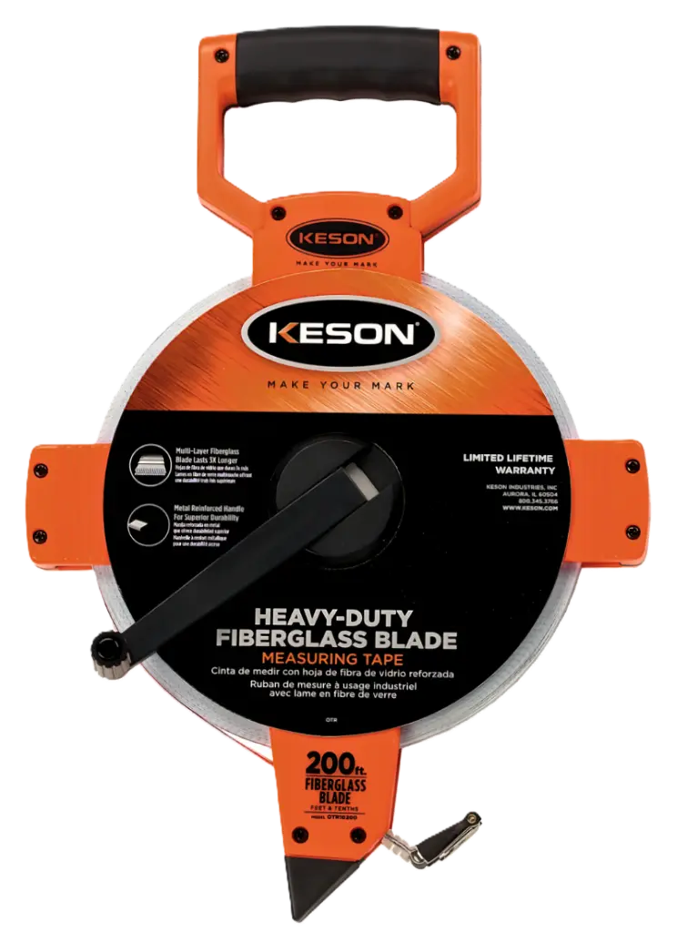 200 FT, UNITS: 1/10, 1/100, FIBERGLASS TAPE MEASURE WITH HOOK