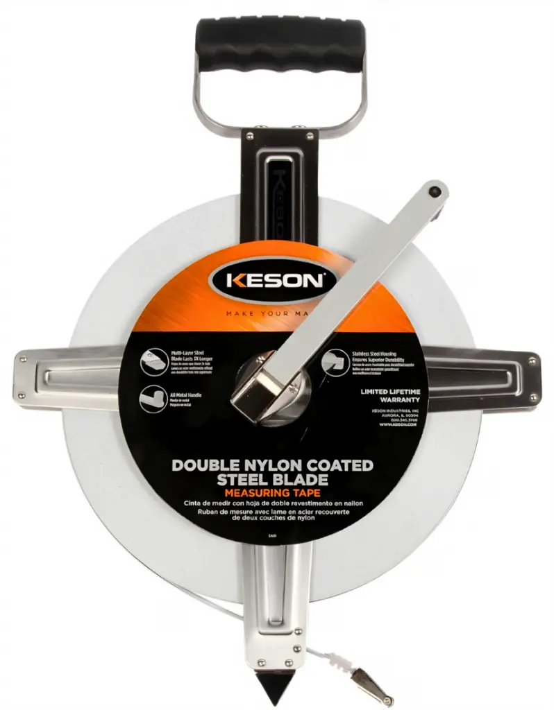 300 FT, UNITS: 1/10, 1/100, 2X NYLON COATED STEEL TAPE W/HOOK STAINLESS STEEL HOUSING