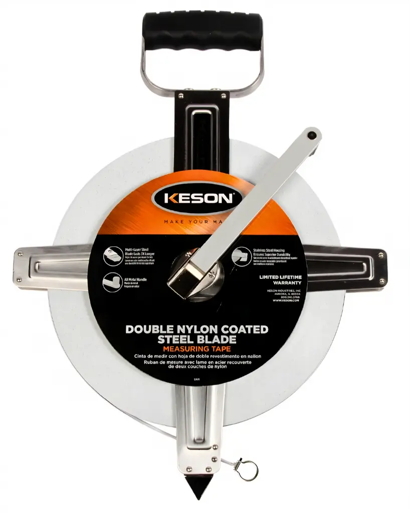 300 FT, UNITS: 1/10, 1/100, 2X NYLON COATED STEEL TAPE W/HOOK STAINLESS STEEL HOUSING