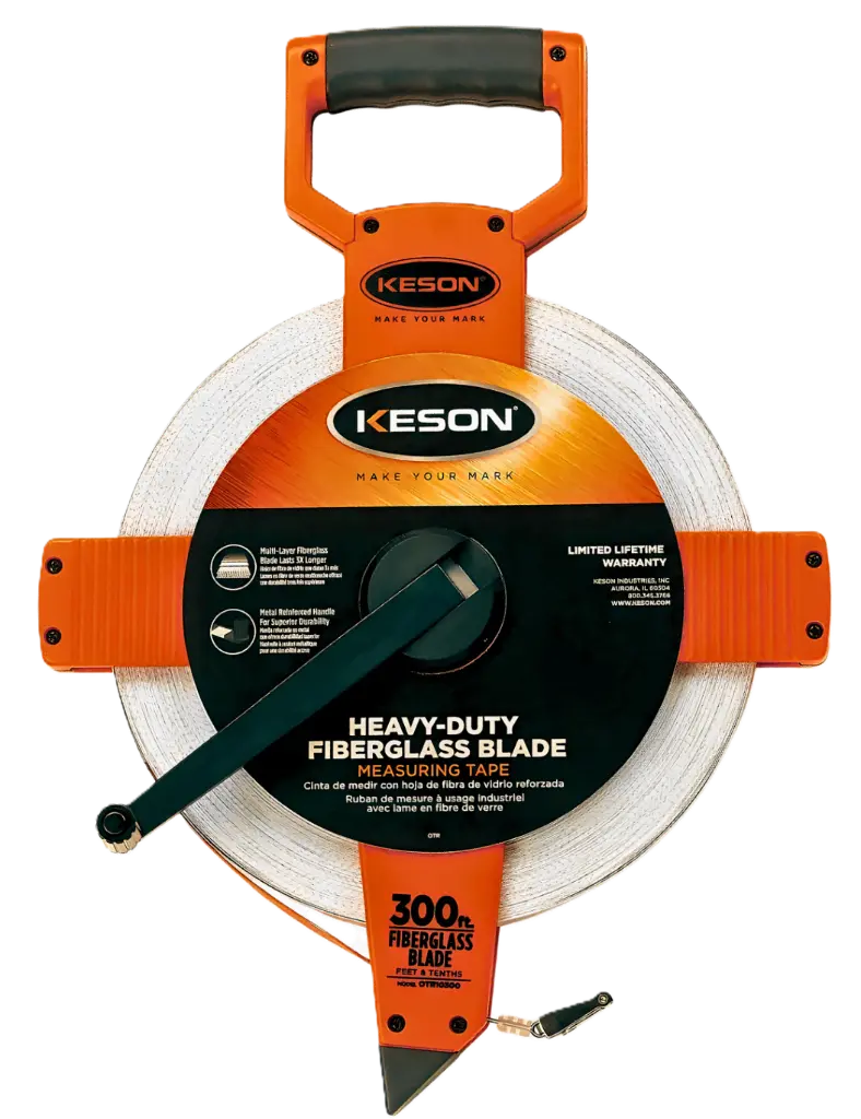 300 FT, UNITS: 1/10, 1/100, FIBERGLASS TAPE MEASURE WITH HOOK