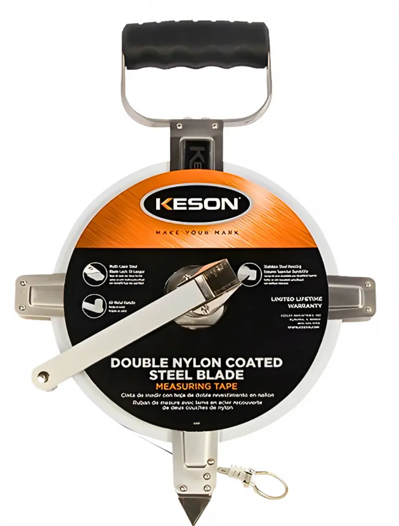 100 FT, UNITS: 1/10, 1/100, 2X NYLON COATED STEEL TAPE W/DEAD FOOT AND RING STAINLESS STEEL HOUSING