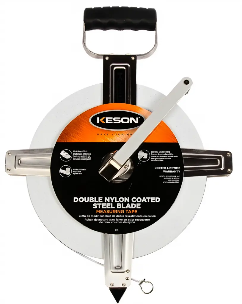 200 FT, UNITS: 1/10, 1/100, 2X NYLON COATED STEEL TAPE W/DEAD FOOT AND RING STAINLESS STEEL HOUSING